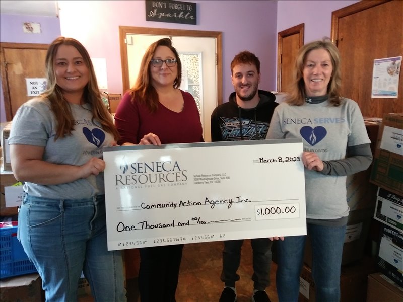 Safety and reliable service are two of the top priorities for gas and utility companies; but recently, the staff at Seneca Resources Company, LLC (Brookville, PA location) expanded their concerns to include victims of domestic violence in Jefferson and Clearfield Counties.  Pictured (far L & far R) are:  Seneca Resources staff, Deborah Morris and Rachel Hannon presenting a corporate donation plus delivering boxes of donated items to Crossroads Counselor / Advocates, Tina Haskins and Greg “Bo” Stiver.